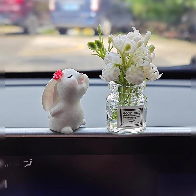Set of 2 Cute Mini Bunny & Daisy Flower Vase Car Ornaments – Rearview Mirror Dashboard Decorations, Scented Rabbit, Blossom Vase for Women’s Car Interiors (B) - Image 5